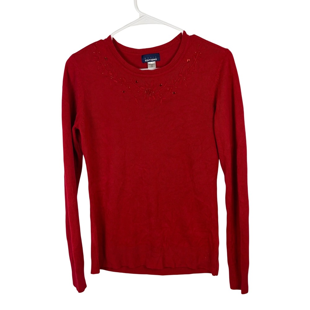 Basic Editions Red Crewneck Sweater Floral Beaded Embroidery Small S/C Acrylic
